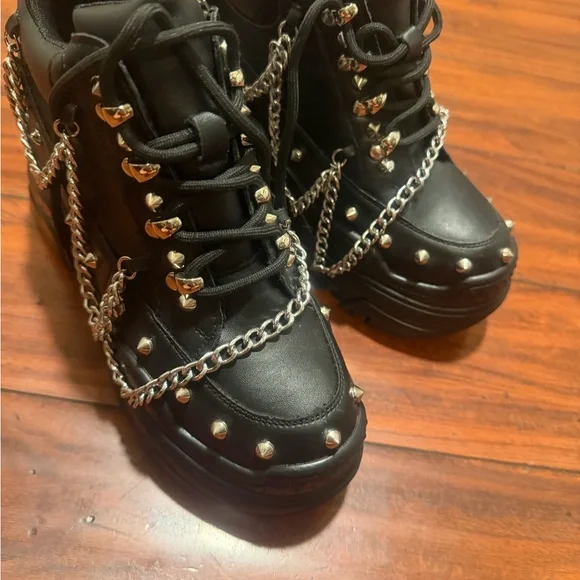 Antony wang Chunky Black Platform Sneakers with Silver Chain & Stud Details - Picture 5 of 15